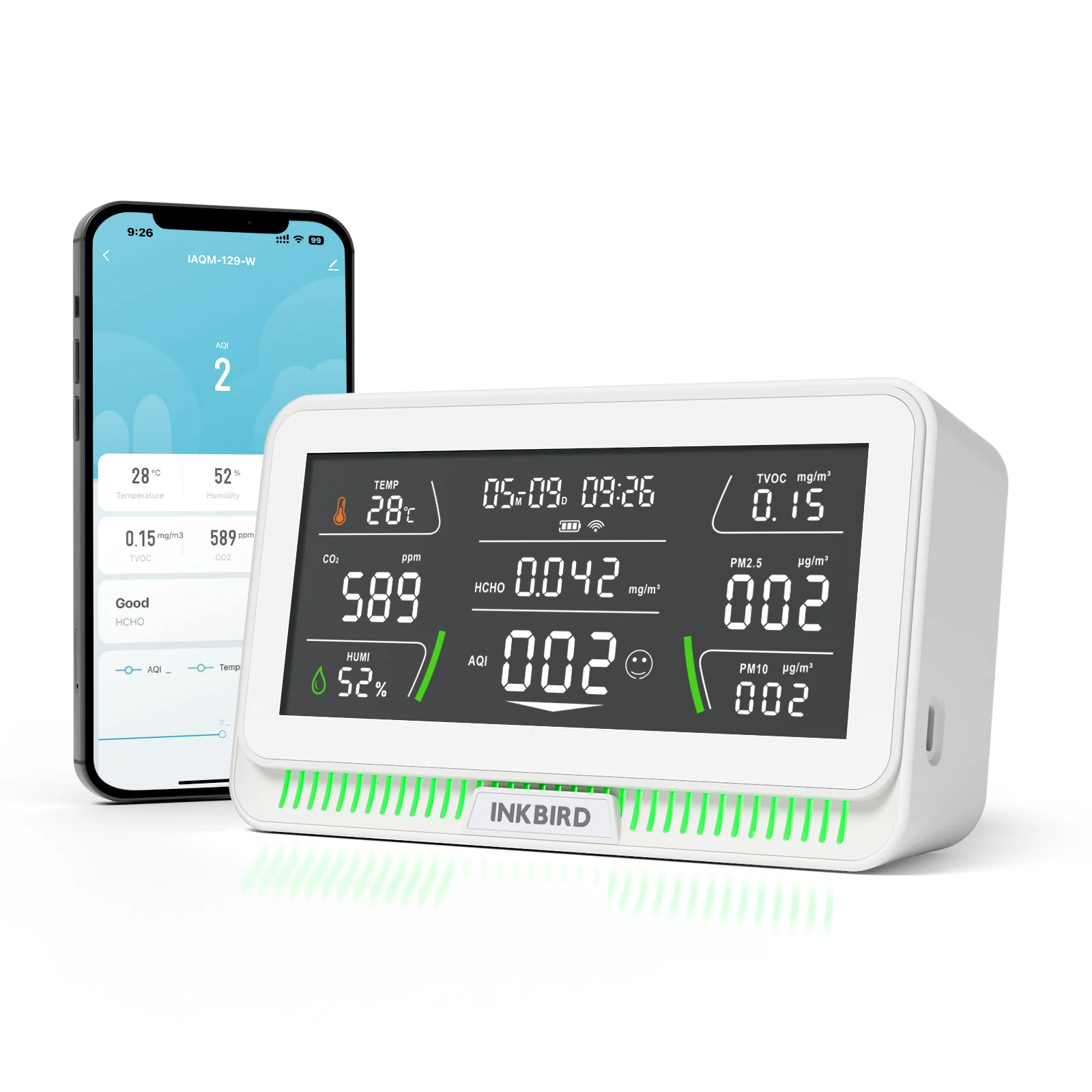 INKBIRD WiFi Air Quality Monitor WiFI IAQM-129-W TUYA for CO2 PM2.5 PM10 TVOC HCHO AQI Temperature Humidity Analyzer