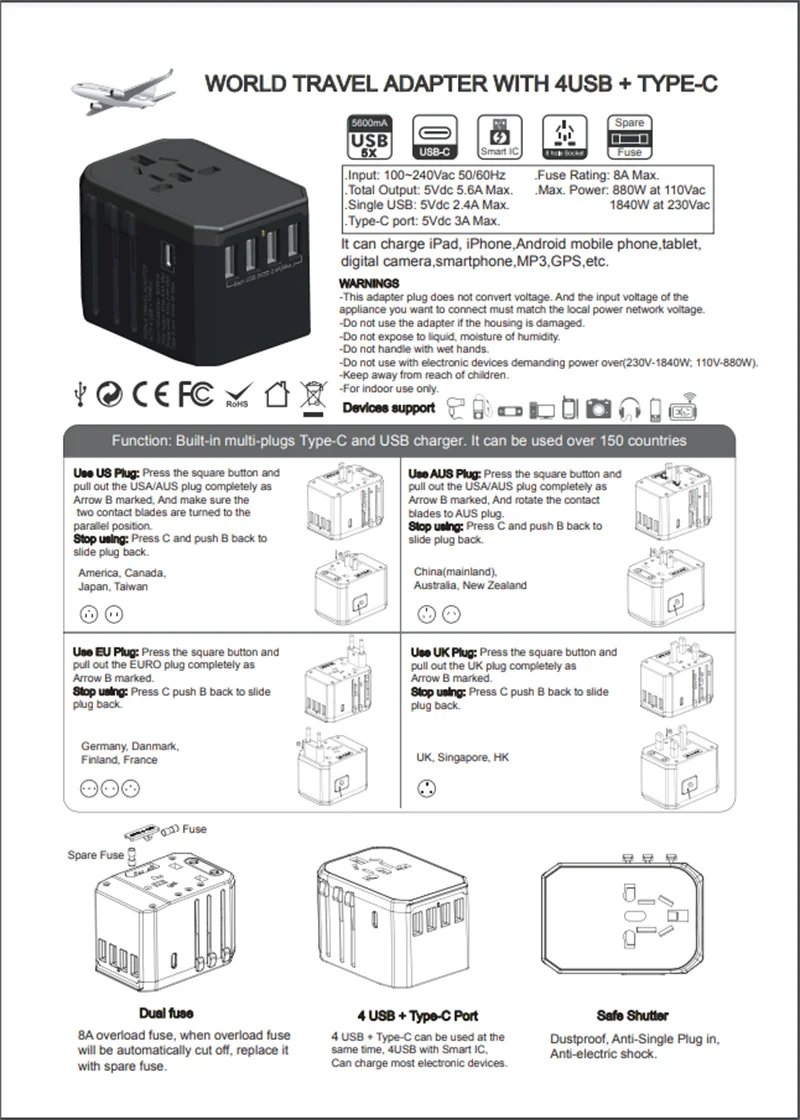 Smart Travel Adapter International Plug Adaptor Wall USB Type C Charger AC Power for USA EU UK AU US