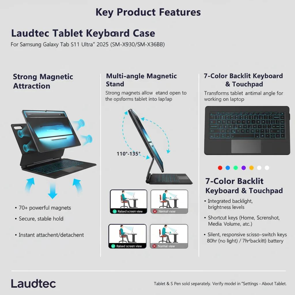 product magic keyboard case for samsung galaxy tab s11 ultra 146 backlit magnetic stand multi touch track pad ai key laudtec-6