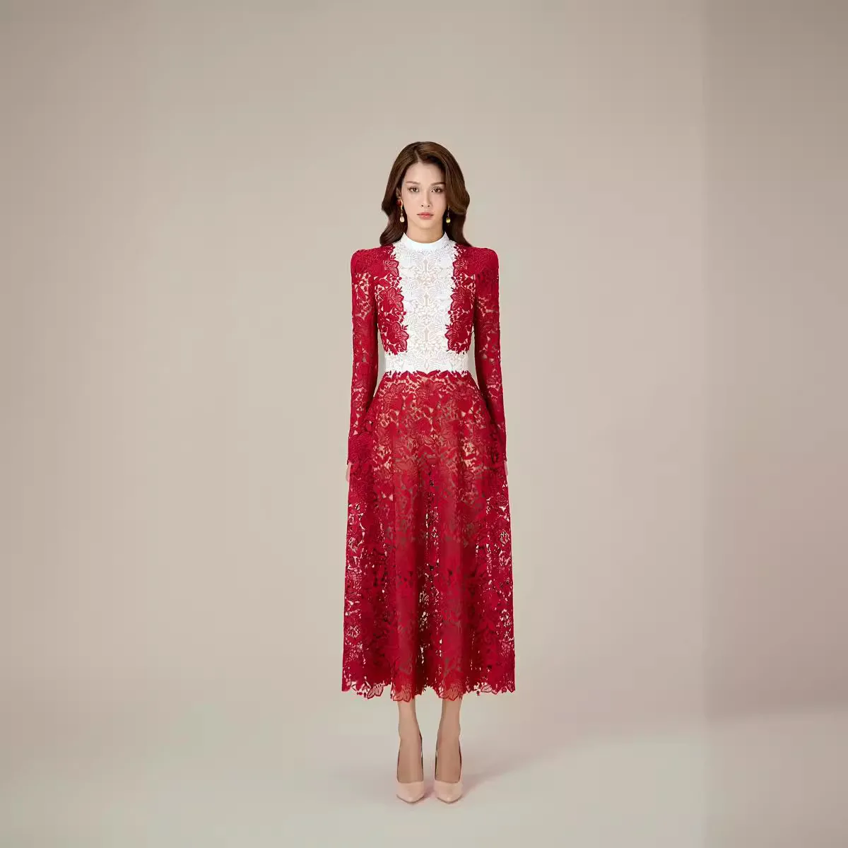 sachin and babi light blue dress Women's Long Sleeve Red Lace Dress with Embroidered Flower Hollow Design  for Autumn/Winter Elegant Evening Wear