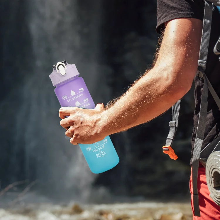 Gloway 3Pcs/Set 300ml 750ml 2000ml Outdoor Sport or Gym BPA-Free Plastic Fitness Motivation Water Bottle With Time Maker