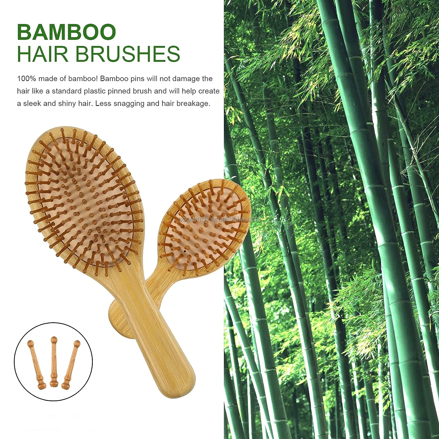 Wide Tooth Scalp Natural Custom Logo Bamboo Wood Bristle Round Detangler Hair Brush Self-Cleaning Massage Hairbrush and Comb Set
