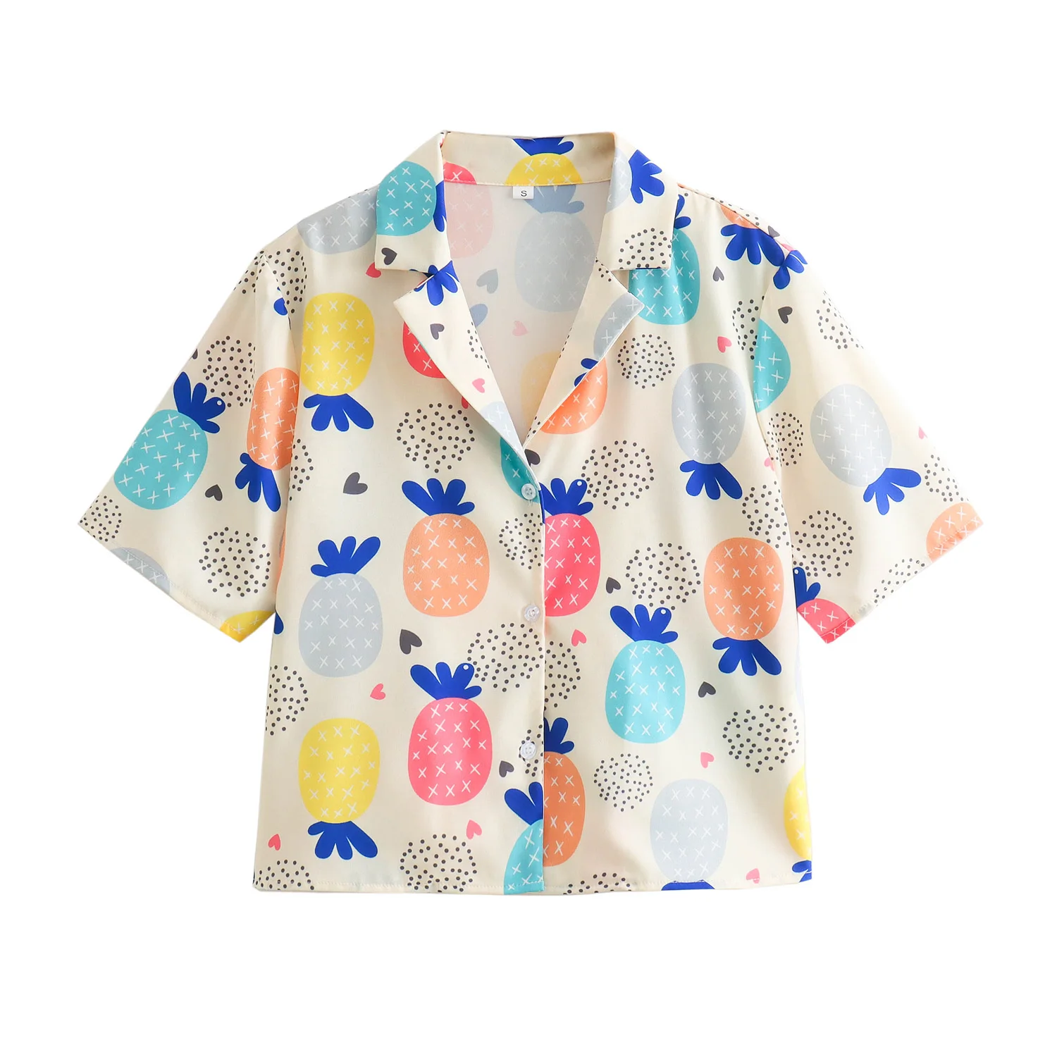 Notched Collar Short Sleeve Multi Color Print Buttons up Casual Fashion Blouses Tops for Women