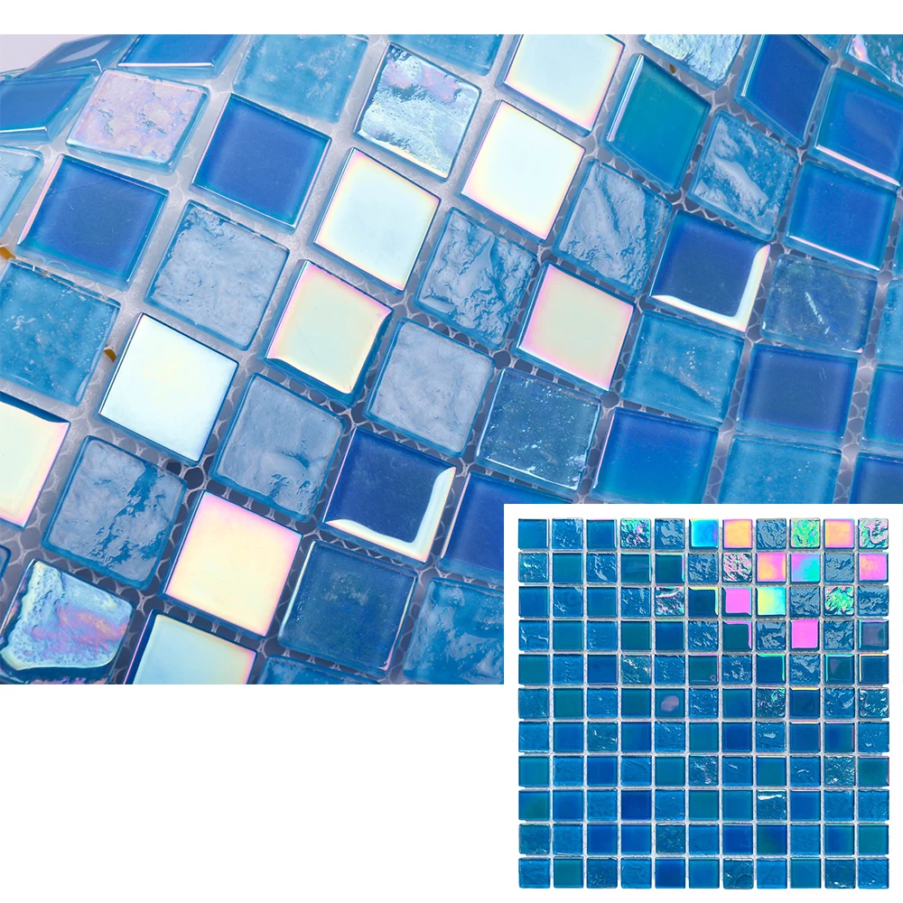 Cheap wholesale green white pink blue iridescent crystal glass swimming pool mosaic tile use for Bathroom outdoor floor and wall supplier