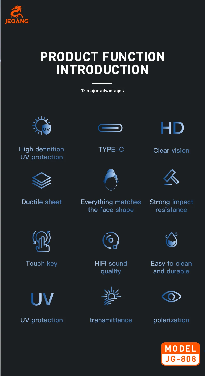Jeqang-808 Smart Glasses New Release Intelligent Audio Harmful Light Blocking Clearer Field View IPX4 Waterproof Clearer Field