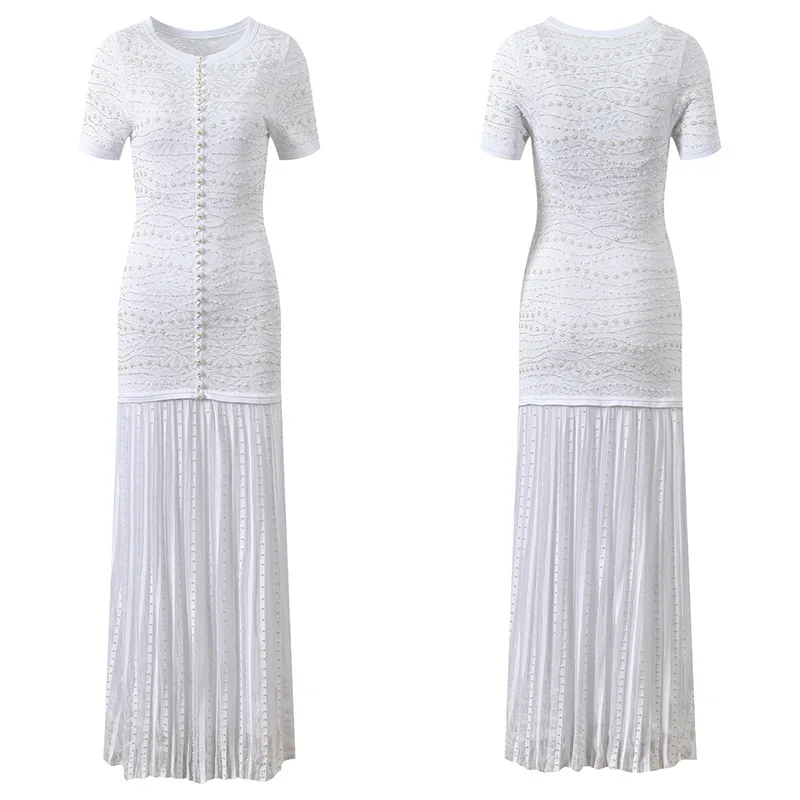 A11787 French Imitation Pearl Neck Dress Spring Commuting Fashion Lace Jacquard Pearl Button Maxi Length One Size Empire