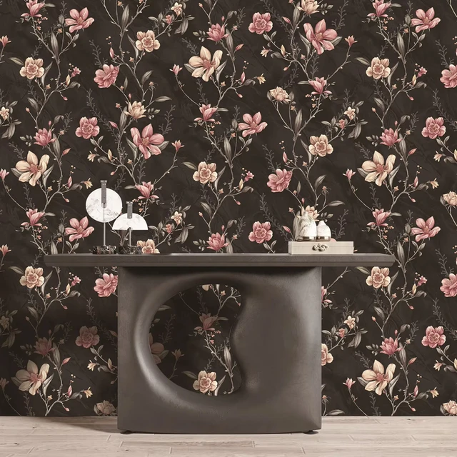 770801 3D Wallpaper Office Hotel Interior Decor Embossed Vinyl Wallpaper Black Color Background Flower Wallpapers