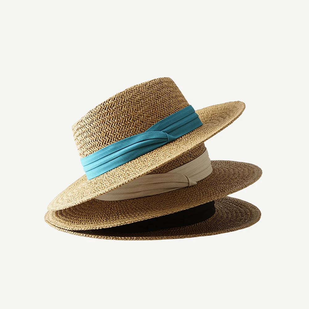 Wholesale Classic Flat Top Boater Straw Hats For Women With Tape Band