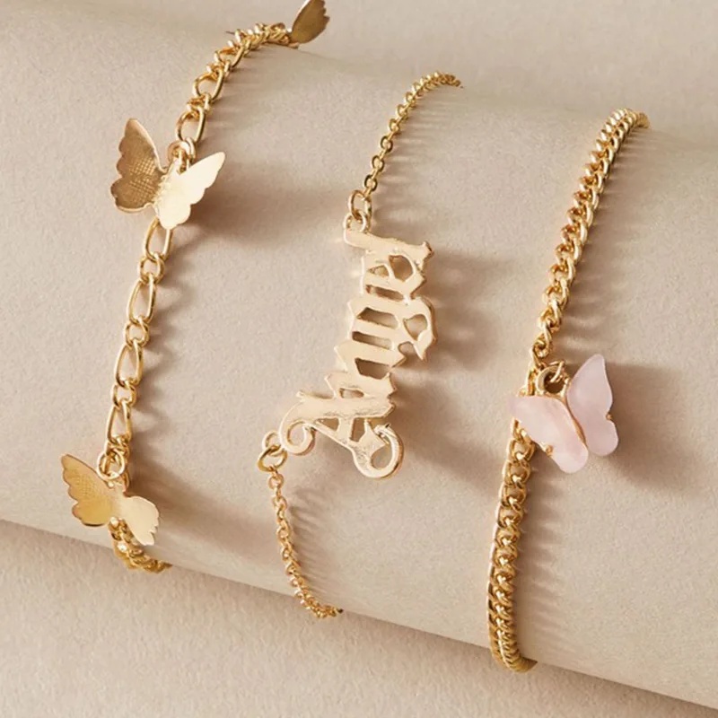 2021 Amazon hot sale anklets butterfly pink wholesale custom 3pcs one set womens anklets