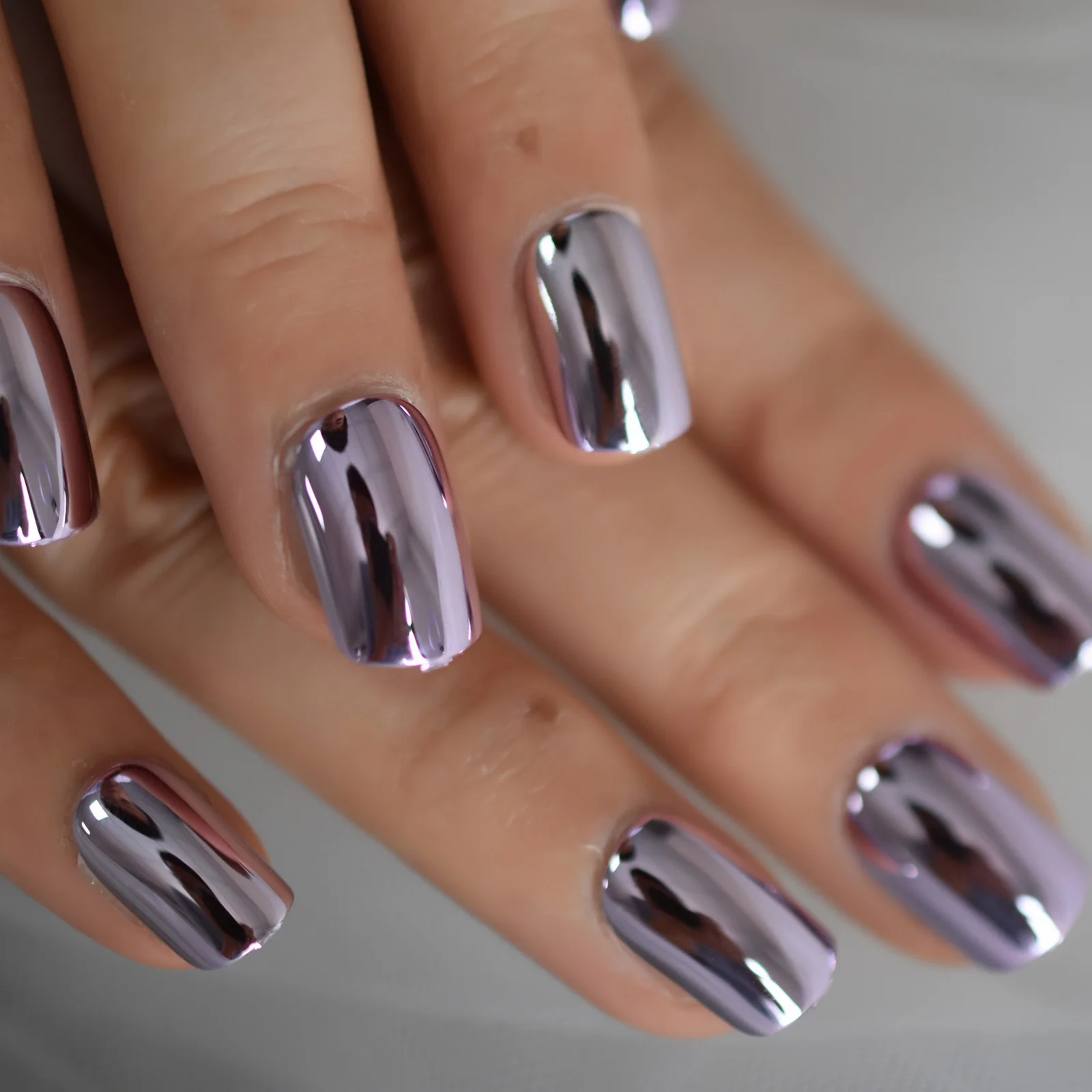 Shiny Punk Style Metallic Light Purple False Fake Nails Metal Plating Acrylic  Short Reflective Mirror Press On Nail Art Tips - Buy Press On Nails,Press  On Nails Metallic,Press On Nails Coffin Product