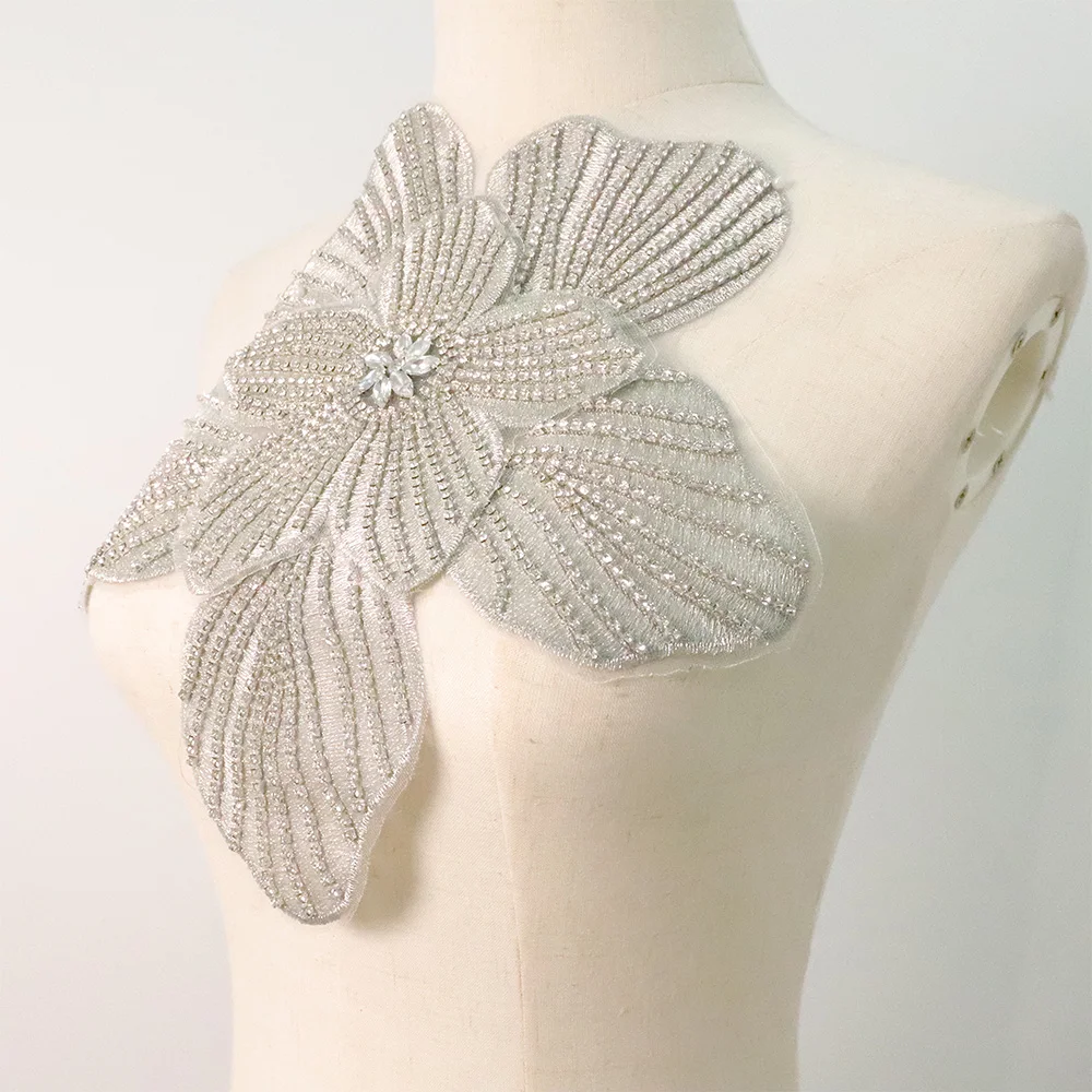 Luxury 3D Flower Beaded Patches with Silver Metallic Thread Sew-On Style Beaded Embroidered Collar Lace Applique