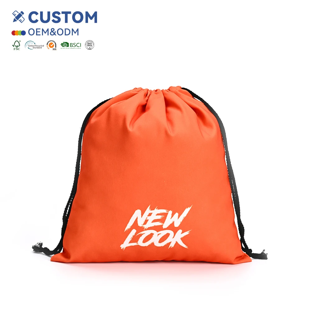 Black Drawstring Gift Bag Custom Logo Printed Reusable Sports Backpack Foldable Cotton Backpack School Outdoor Bag
