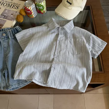 2025 Boys' Summer Cool Short Sleeve Shirt Thin Striped Jacket with Casual Button Decoration Kids Tops