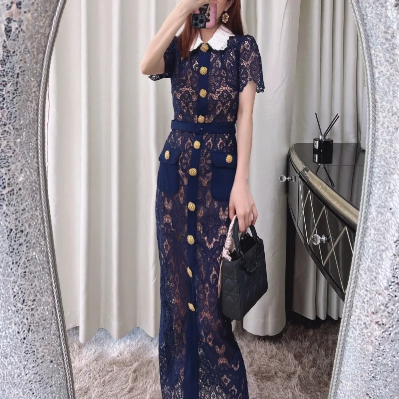 blue skirt dress Blue dress with circle skirts. Golden color detail in neckline – GUNTINA main image 1