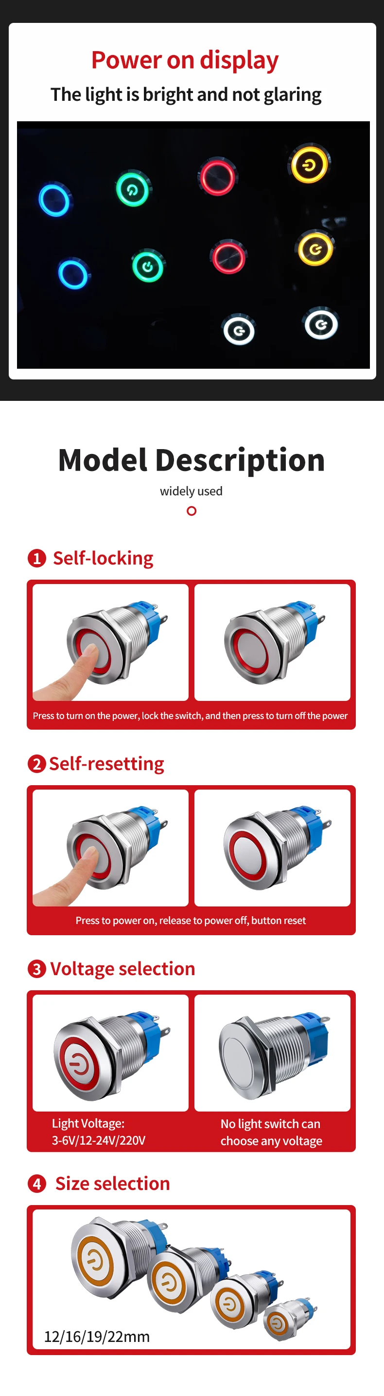 High Quality Brass IP65 Home Appliance Push Button Switches 12mm-22mm Momentary