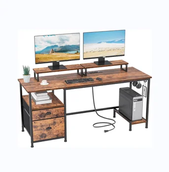 Large computer desk with 2 removable monitor stands with CPU stand and 2 hooks, suitable for home office, rustic brown