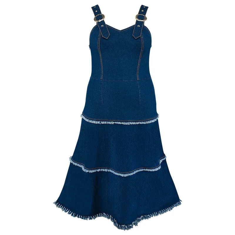denim fringe dress plus size Plus Size Elastic Halter Fringe Sleeveless Denim Maxi Dress