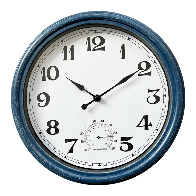 Custom Vintage Round Silent Quartz Retro Waterproof Wall Clock with Thermometer Outdoor Plastic Old CLOCK Manufacturer