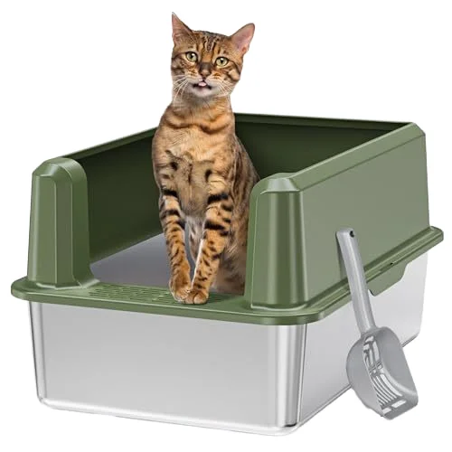 Large Open Design Stainless Steel Semi-Enclosed Cat Litter Box Easy Clean with High Anti-Sand Leakage Kitties Accessory