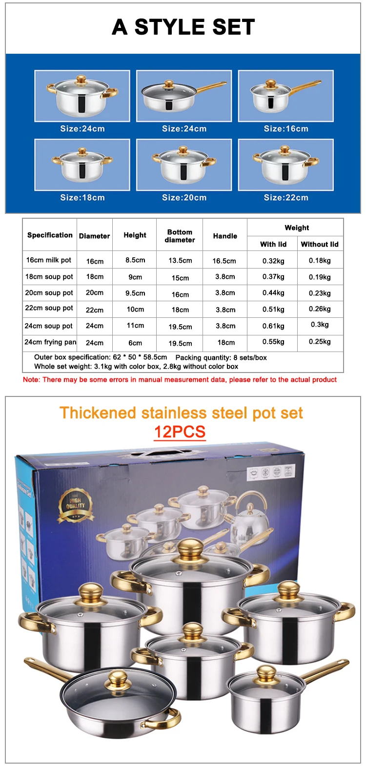 Manufacturer High Quality 12pcs Stainless Steel Gold Plated Non Stick