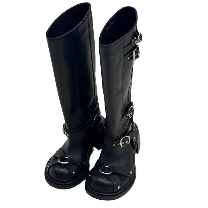 Fashion Women Vintage Black Solid Thick Soled Square Toe Belt Buckle Chunky Heel Mid-leg Winter Knee Hight Boots - Image 3