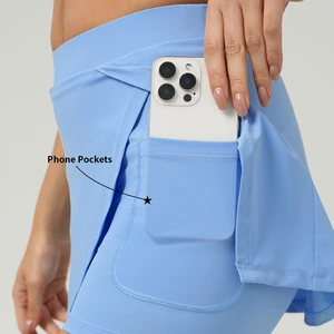 Custom High Waisted Quick Dry 220g Polyester/Nylon Women's Fitness Running Tennis 2PCS Workout Shorts & Skirts Set with Pockets