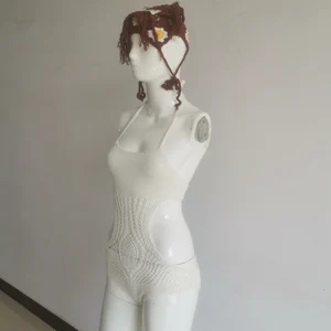 OEM Factory Customized Logo Handmade One-Piece Crochet Bikini Swimwear Scoop Neck Drawstring with Tassel Decoration