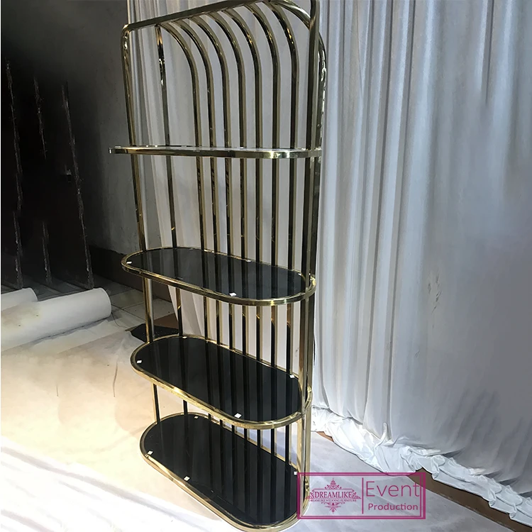 5 Layers High Gold Stainless Steel Wine Bar Shelf With Black Glass Top