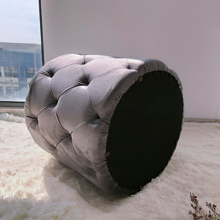 Customized Nordic Style Grey Modern Storage Ottoman Round Velvet Footrest Stool Pouf Seat