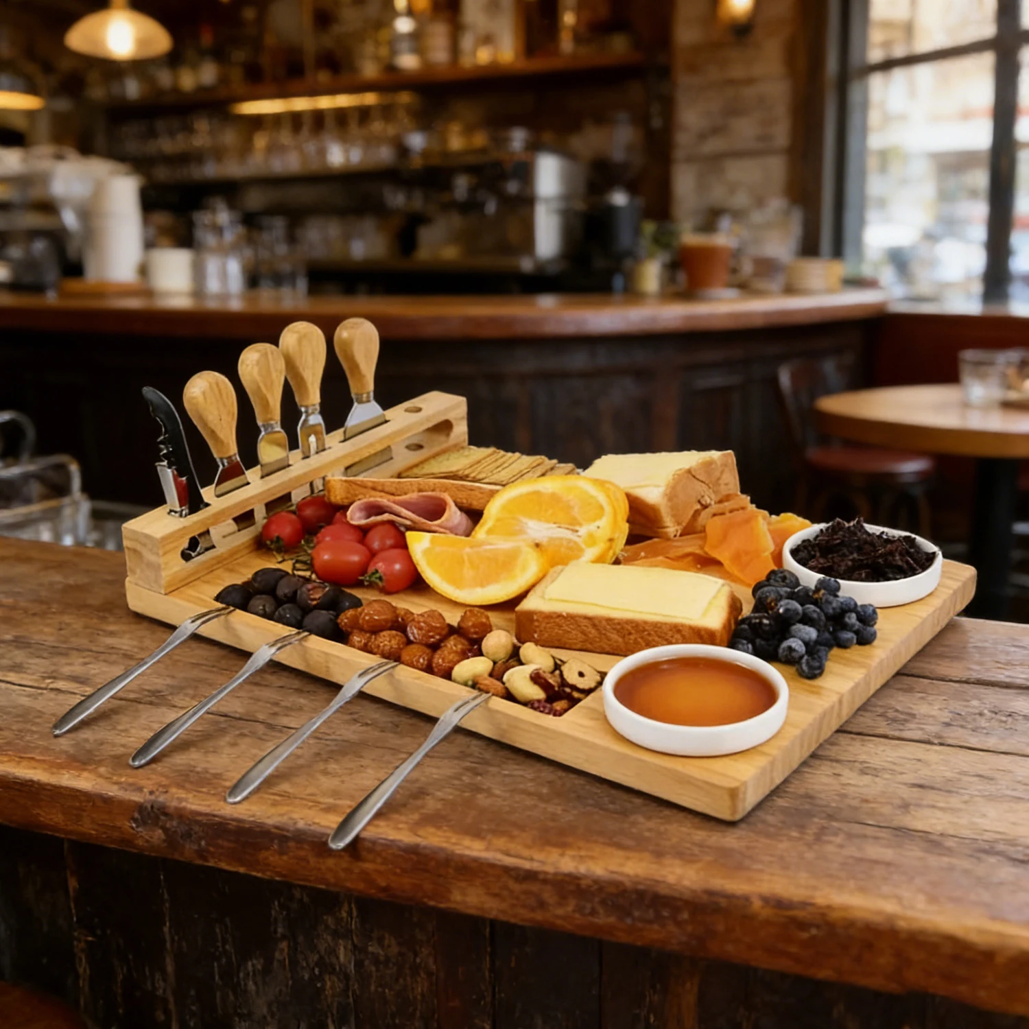 Bamboo Cheese Board & Charcuterie Platter Set - 4 Knives Forks & Storage Slot Serving Tray for Party Wedding & Housewarming Gift