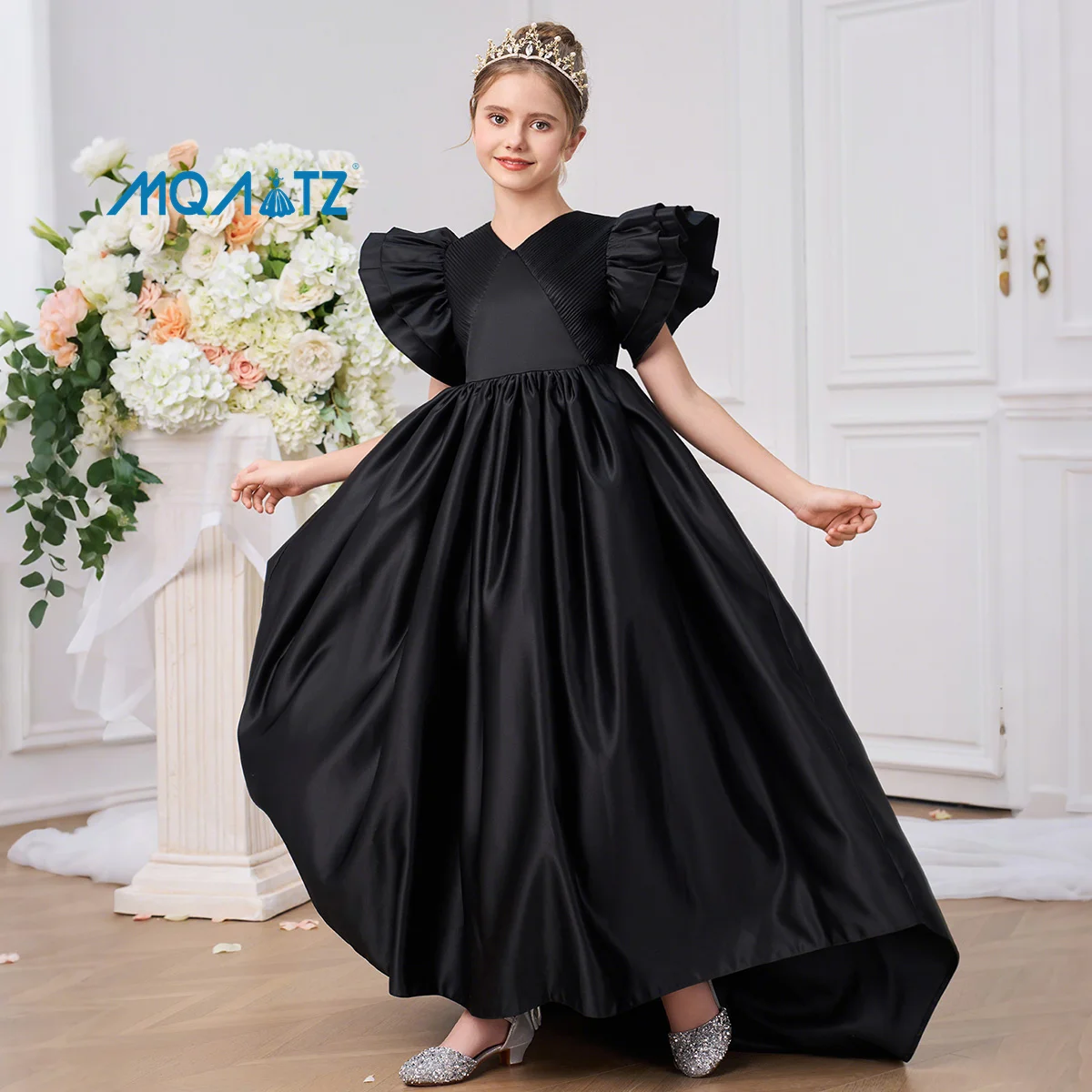 Black Satin A-line Evening Gown For Girls With Suspenders Oem
