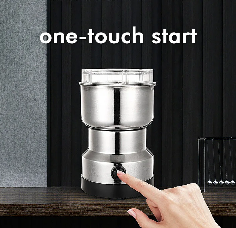 Silver Mini Electric Coffee Grinder for Household Use for Spices and Seeds with 2 Removable Stainless Steel Bowls