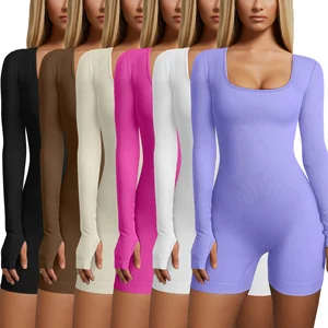 Hot Selling Women's Simple Long Sleeved Sports Jumpsuit Square Neck Bodysuit Solid Color Fitness Clothing Four-Way Stretch