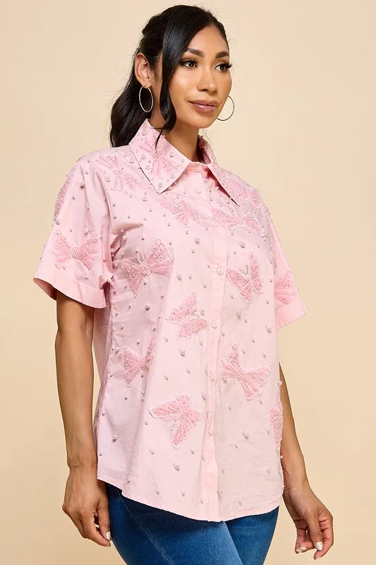 Oversized Cotton Blouse For Women Solid Pattern With Pearls Embroidery Bow Butterfly Details Button Down Closure Long Length - Image 4