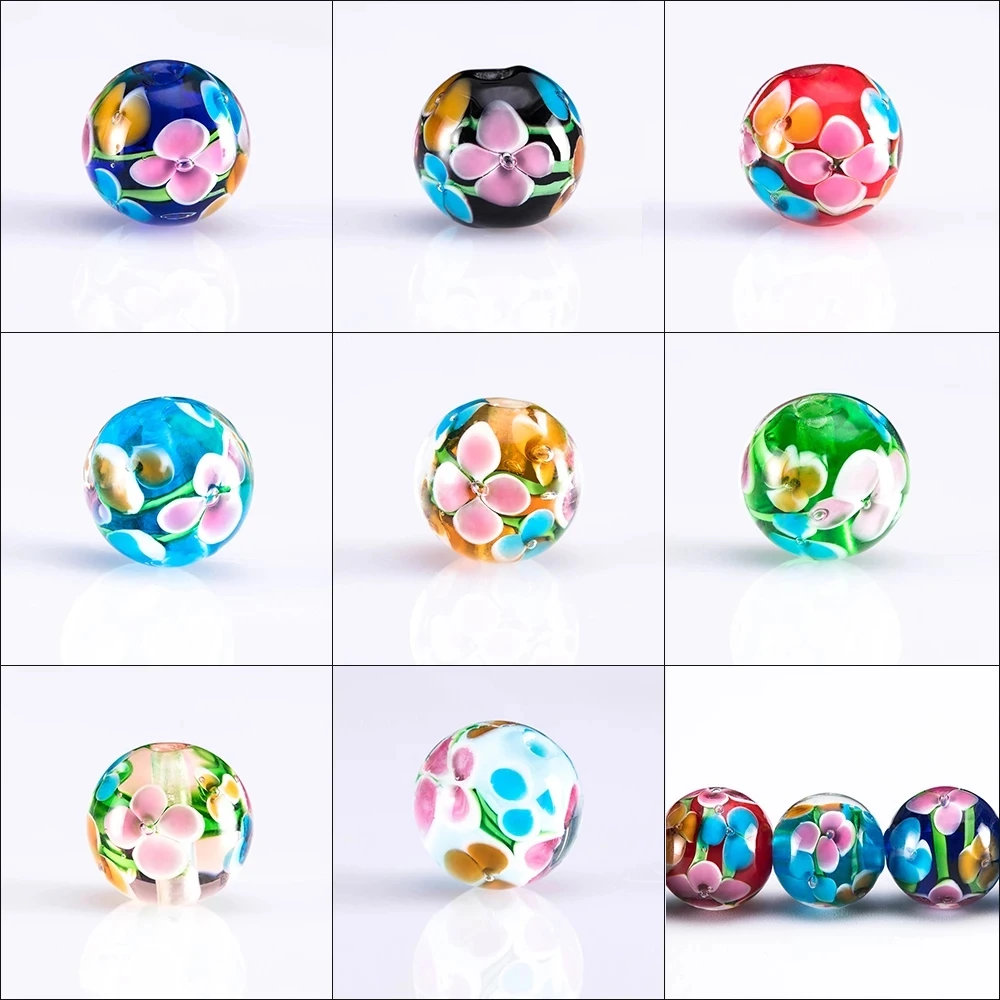 Wholesale 12mm Murano Handmade Lampwork Glass Beads Women's Jewelry Making Diy Beads Flower Transparent Round Beads manufacture