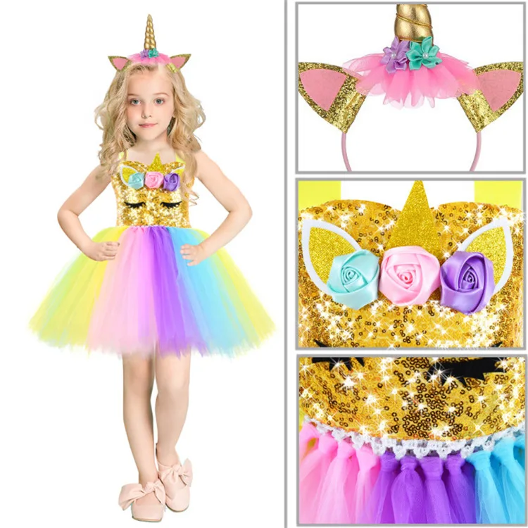 Venta caliente vestidos de unicornio para niñas fiesta de