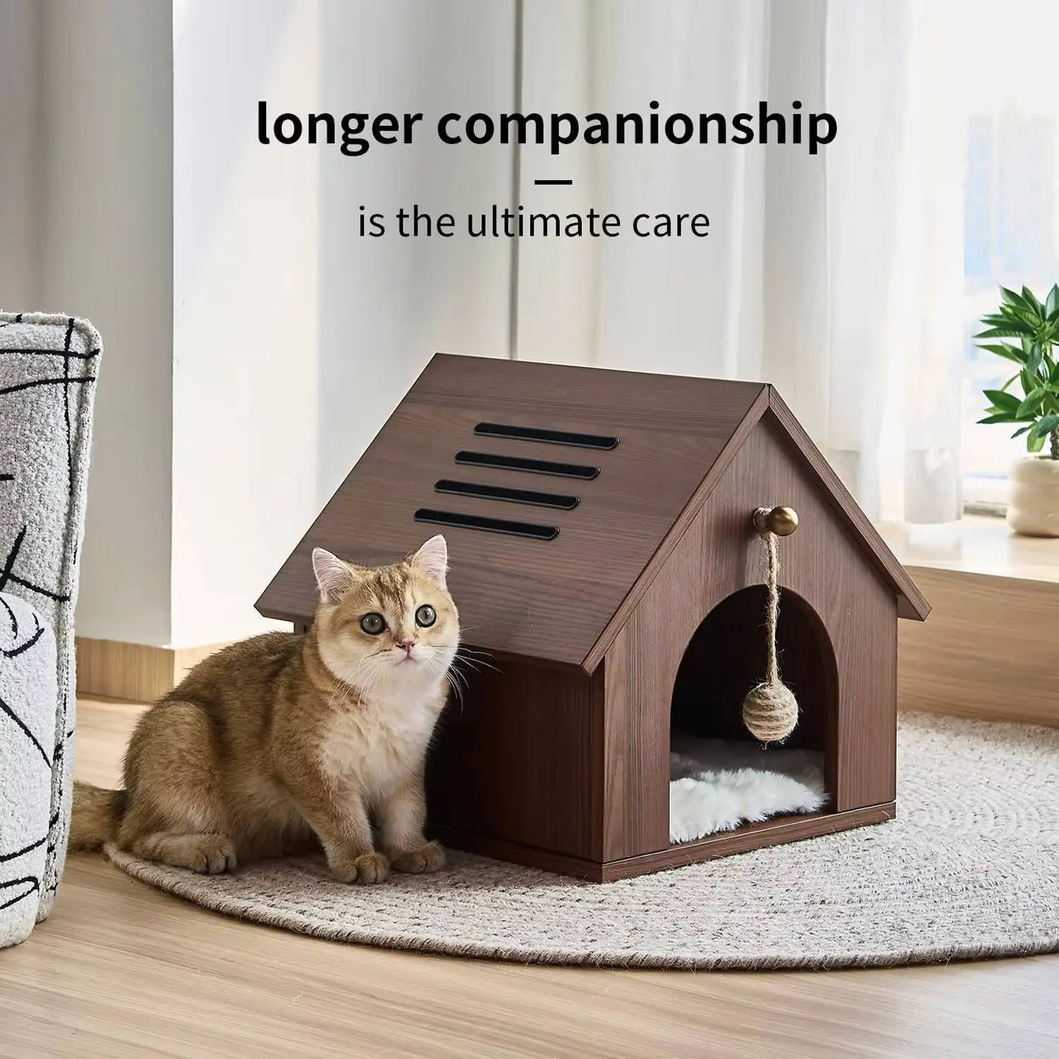 Hot Sales Modern House Cave Bed Wood Furniture Condo with Hanging Ball Toy and Plush Mat for Indoor Cat 2