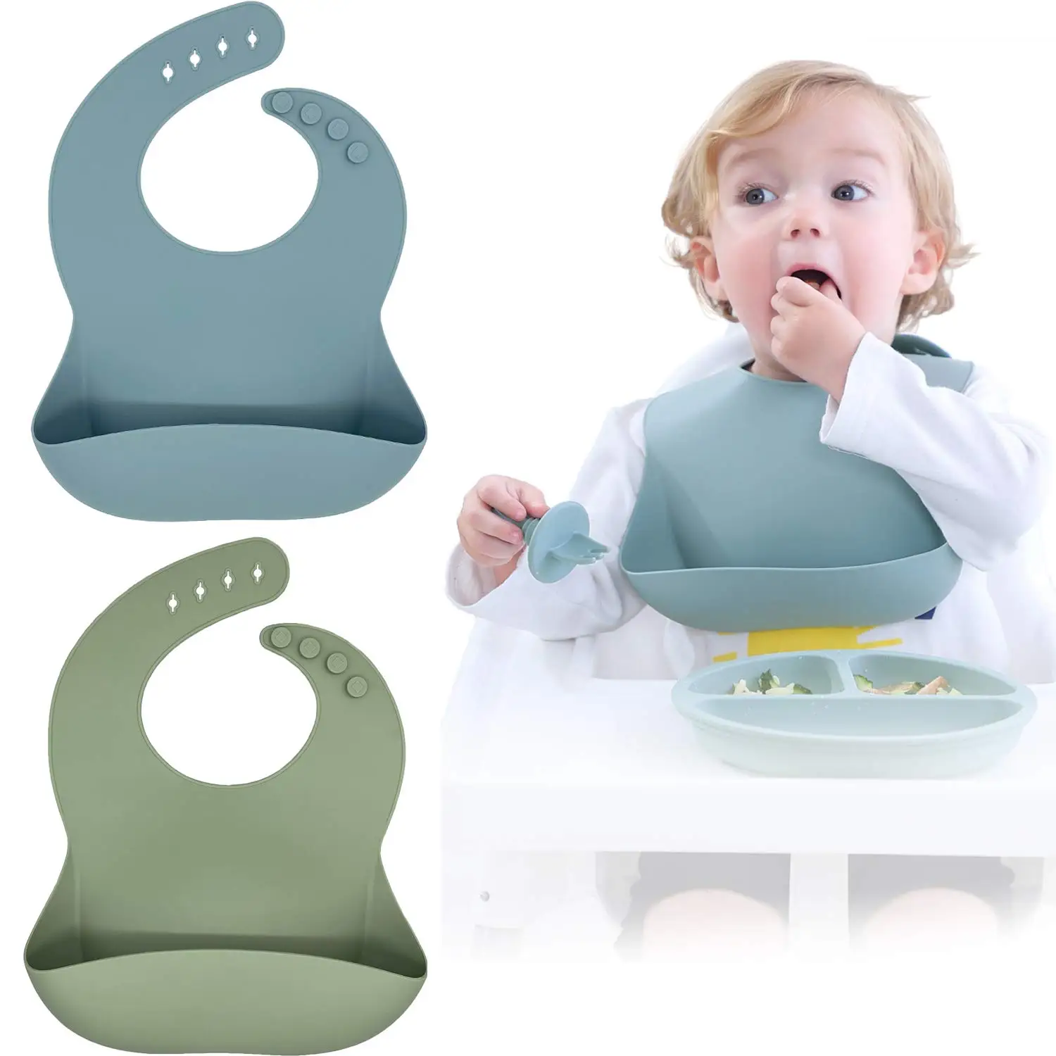 Set of 2 Colors Easy Wipe Clean Aricsen Adjustable Fit Waterproof Feeding Bibs Soft Unisex 6-72 Months 2 Pack Silicone Baby Bibs for Babies & Toddlers Non Messy for Babies Boys and Girls 