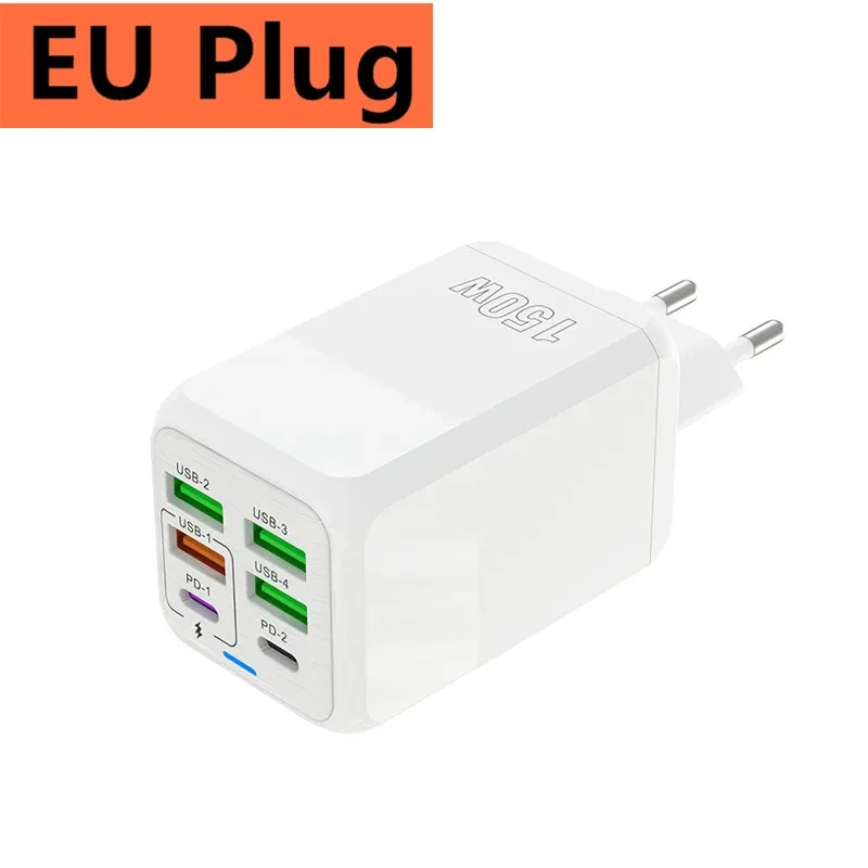 150W Quick Charger 6-port USB Type C PD Fast Charger for iPhone 15 Samsung Xiaomi Huawei Honor Mobile Phone USB Charger