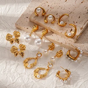 MW Vintage Waterproof Stainless Steel Women's Fashion Jewelry Minimalist 18k Gold Plated Freshwater Pearl Dangle Earrings