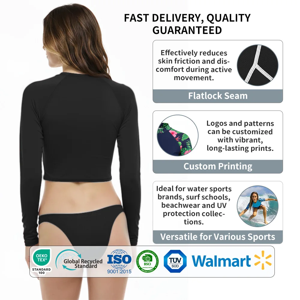 크롭 스타일 UPF 50 래시가드(여성용), 롱슬리브 크루넥, 플랫락 실밥 마감, 수영 래시가드, 맞춤 나일론/스판덱스 수영복 크롭 탑