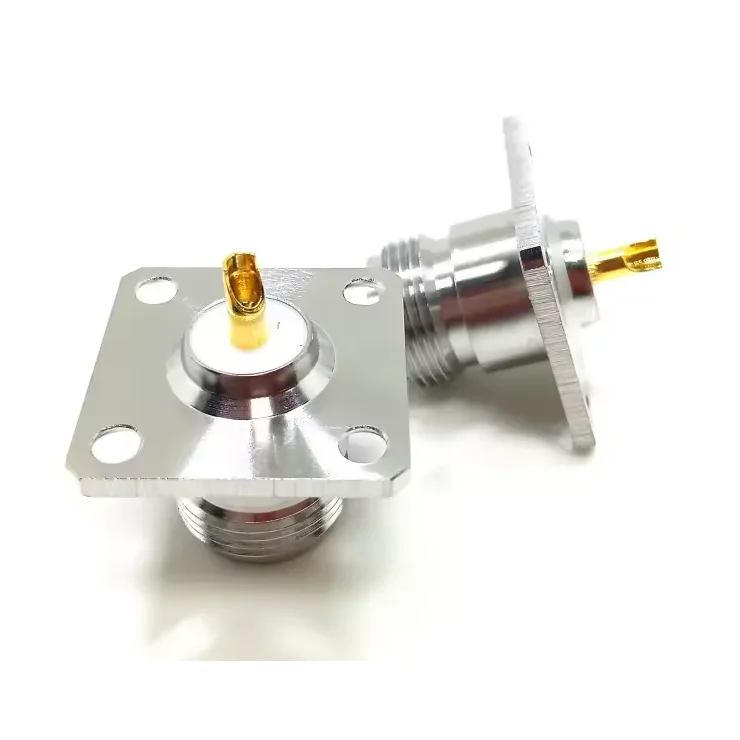 Connecteur coaxial RF de fabrication industrielle, type fiche femelle N, avec bride à 4 trous pour panneau, prise à souder, montage sur châssis.