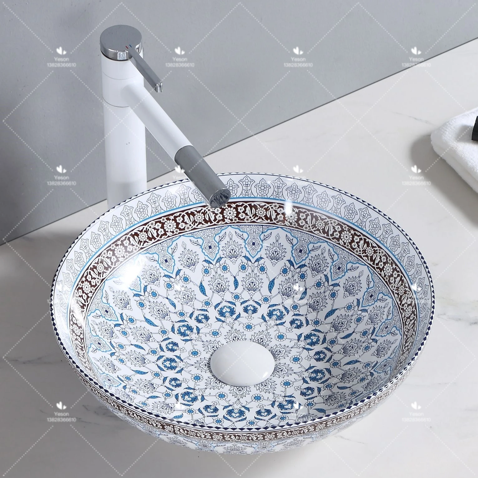 Full Flower Pattern Round Shape Porcelain Countertop Hand Wash Basin Ceramic Table Top Lavabo Art Sink for Bathroom