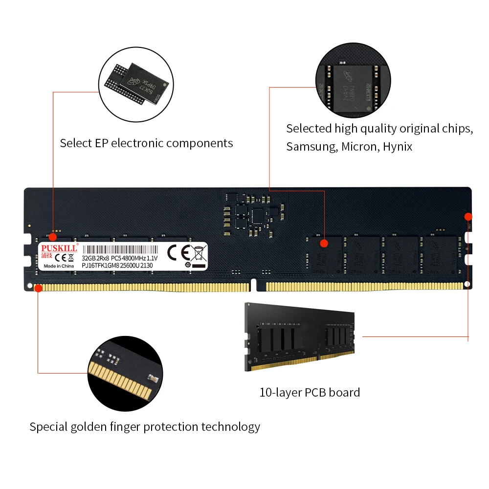 Puskill DDR5 RAM - 8GB/16GB/32GB, 4800MHz/5600MHz for Desktops