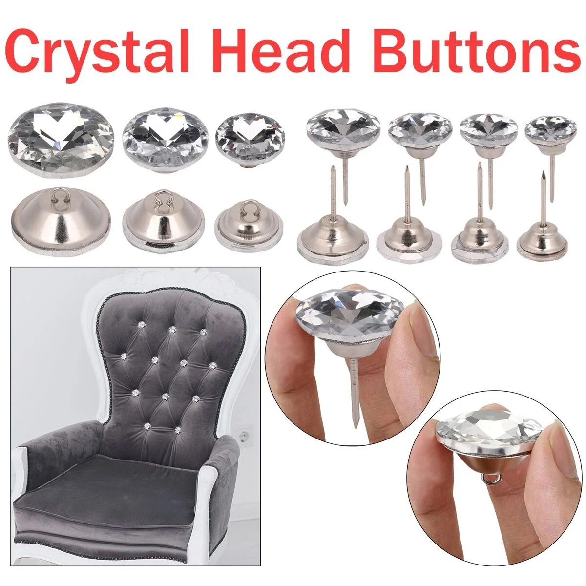 Mgoodoo 50-Pack 20mm Shiny Crystal Sofa Screw Buttons – Diamond Wall Nails, Upholstery Tacks For Headboards, Cork Boards, Chairs, Bedroom Crafts – Glass & Metal