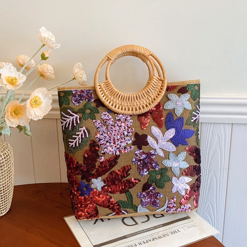 Ling Yu Cross-border Sequined PVC Zipper Tote Bag High-end Niche Embroidered Bamboo Women’s Large-capacity Fashionable Woven