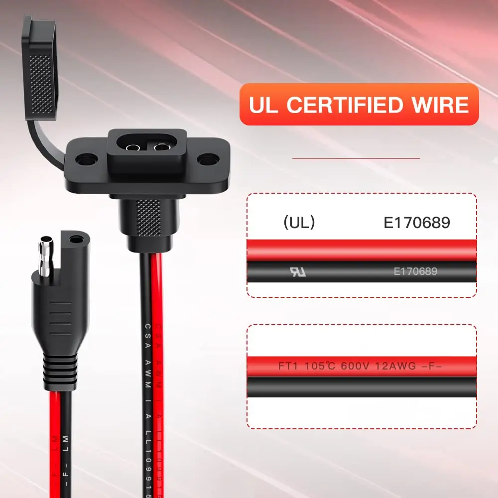 Câble Connecteur SAE Pour Chargeur Batterie Moto/voiture - 10AWG, 30A, 12V/24V - Longueur 0,6 M - Avec Joint Torique étanche
