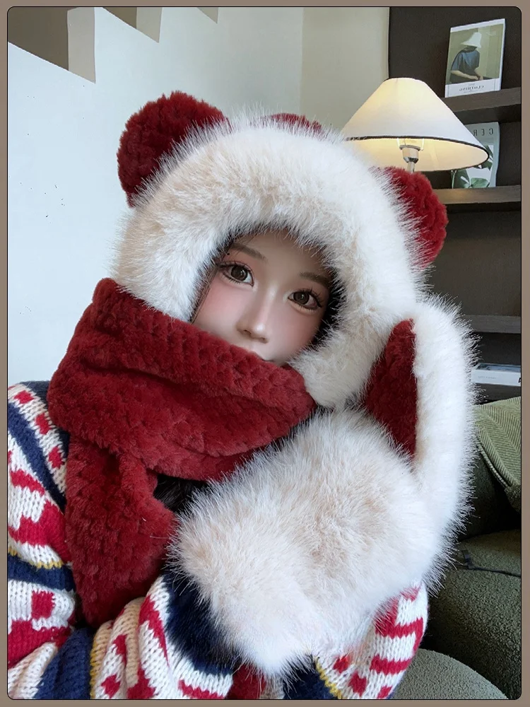 Women's Winter Cycling Gloves and Scarf Combo with Cute Bear Ear Velvet Faux Fur Warm Outdoor Protective Hat