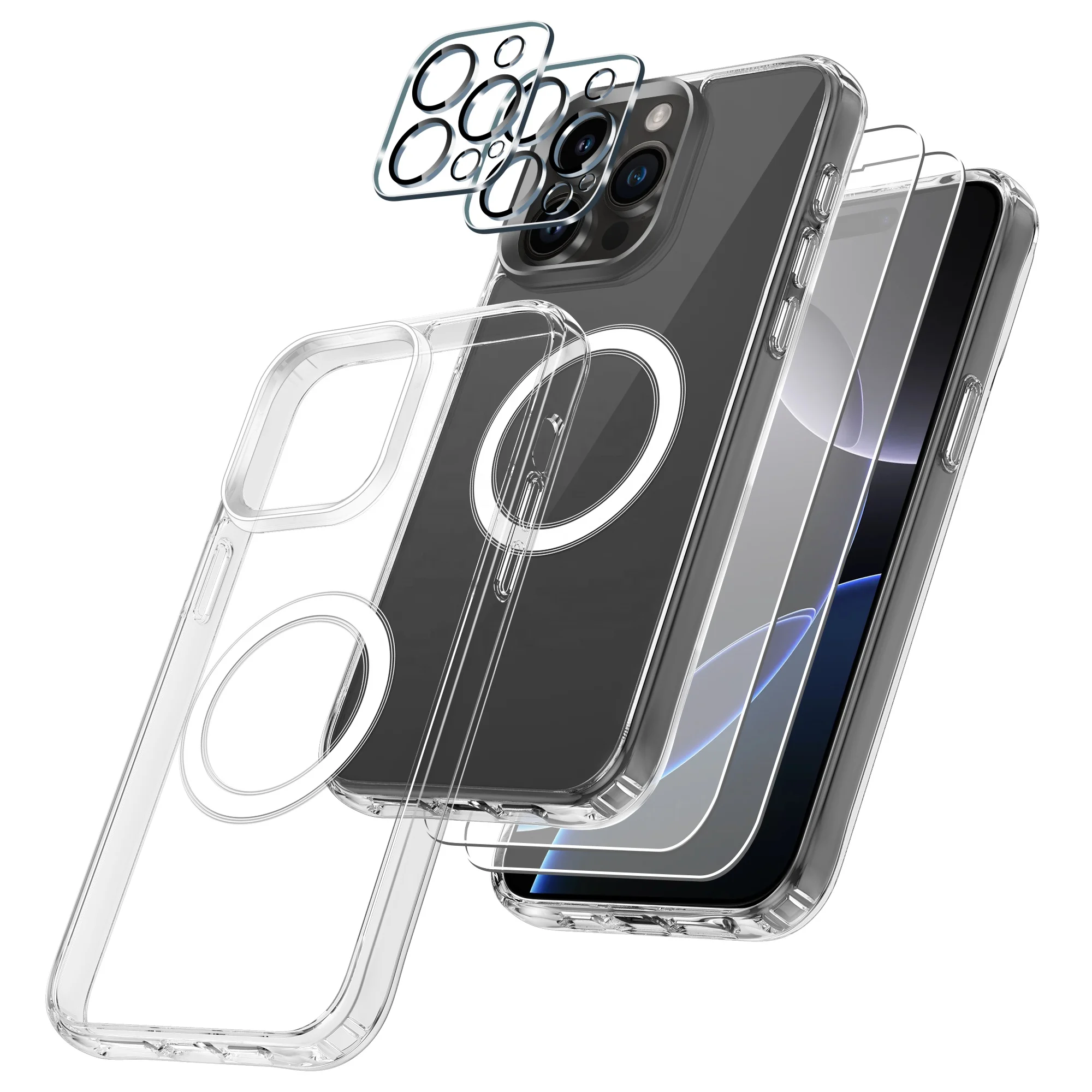 Hotsale Amazo 2 Camera Lens protection with 2 Tempered Glass Screen Protector clear Magnetic Phone case for iphone 16 Pro Plus
