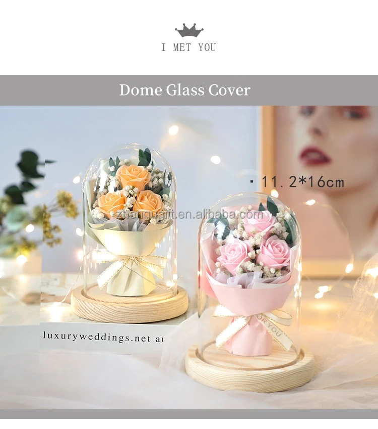 Preserved Roses In Glass Dome With LED Light - Long Lasting Real Roses
